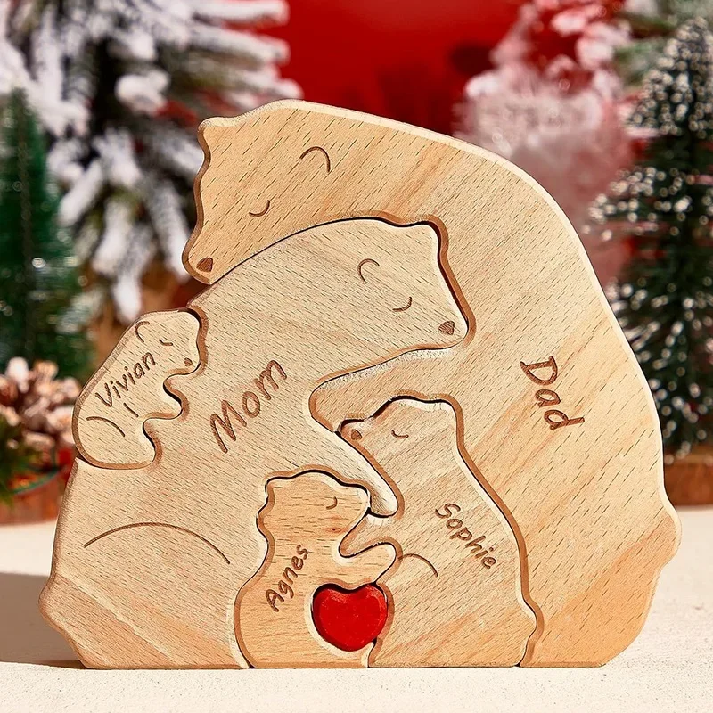 Custom Name Bear Puzzle Art Ornament Free Engraving Family Theme Father, Mother\'s Day Gift Home Decoration Custom Souvenir