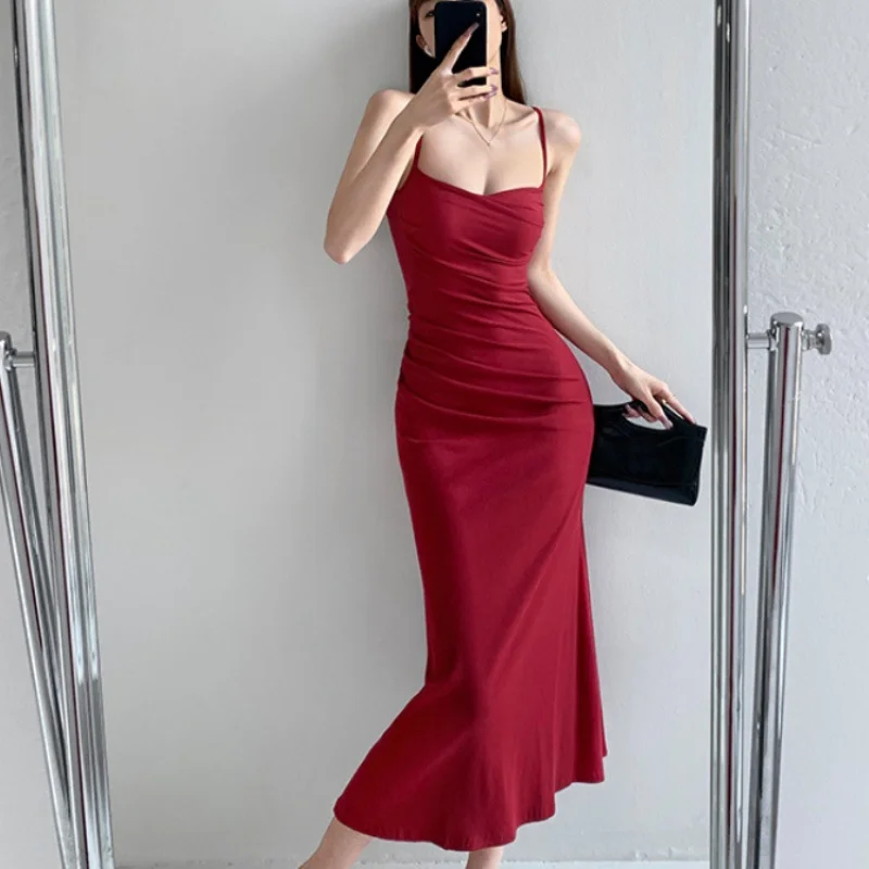 

Autumn New Style Mature Ruched Design Backless Chest-Enhancing High-Waisted Party One-Step Strap Dress