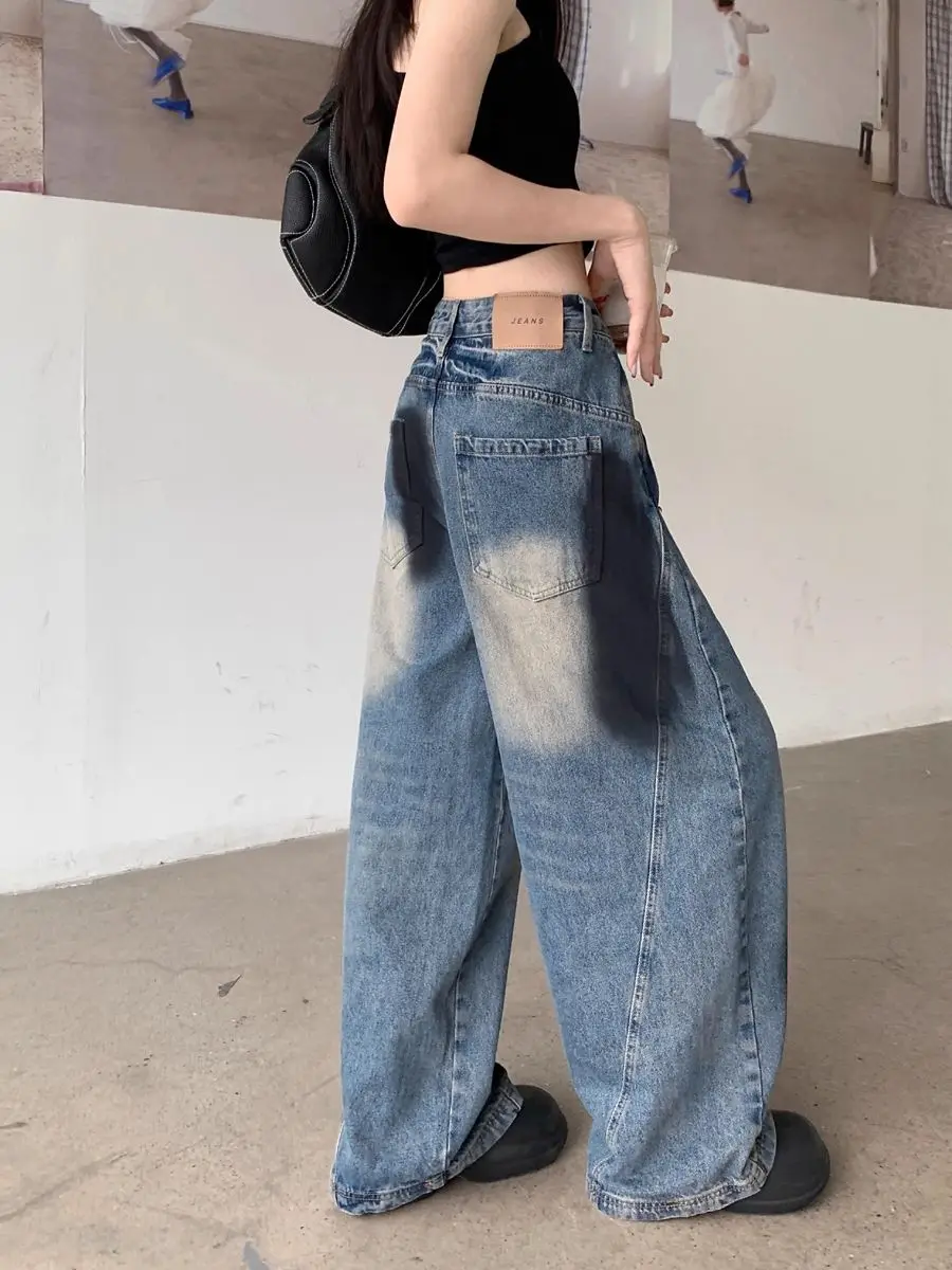 American Retro Ripped Old Jeans Women Spring Autumn New High-Waist Straight-Leg Pants Draped Loose Wide-Leg Floor Trousers