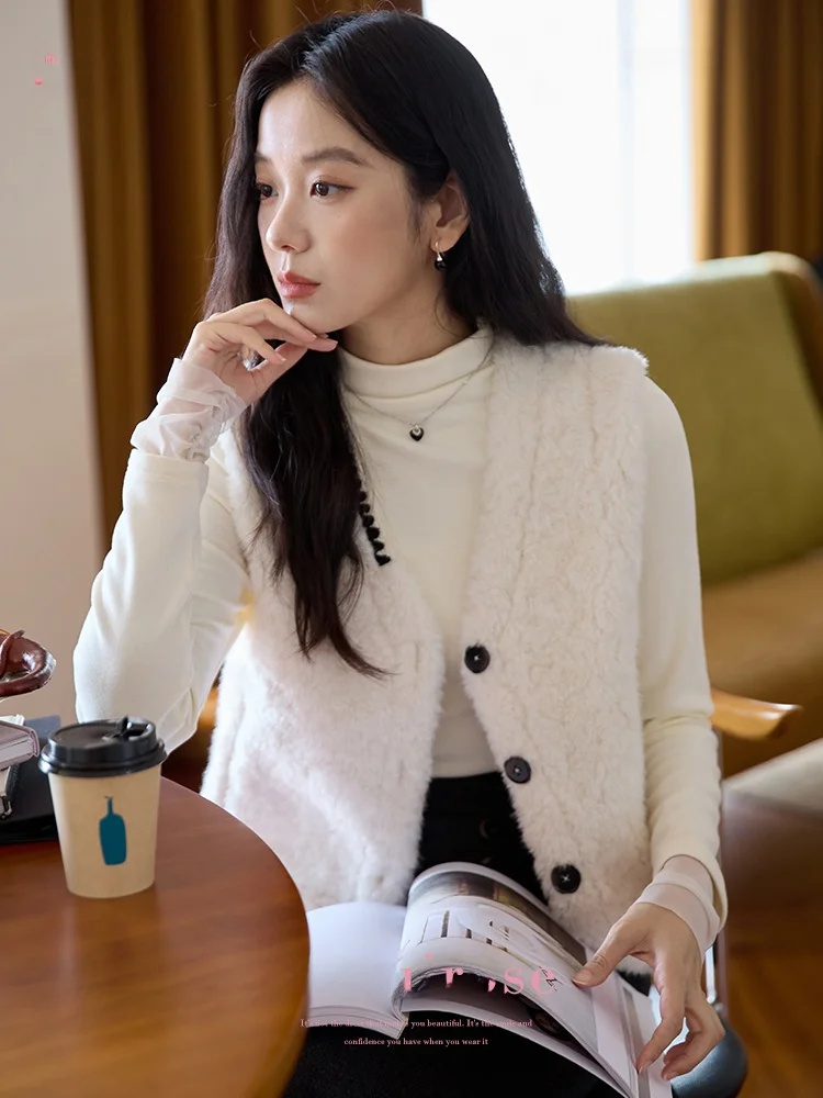 

Жилет из овечьей шерсти Moriirose для женщин, свободный крой, контрастный цвет, кружевной воротник, винтажный стиль, теплый зимний жилет с одной пуговицей