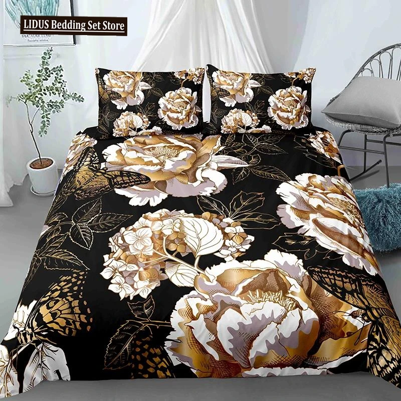 

Luxury 3D Colorful Flowers King Queen Double Duvet Cover Floral Bedding Set Women Quilt Cover Black Polyester Comforter Cover