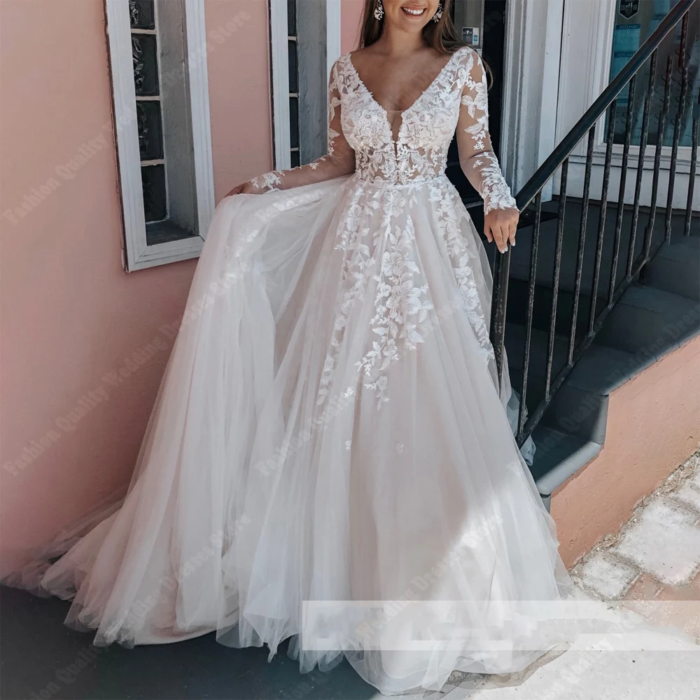 Sexy Dreamy V-Neck Women Wedding Dresses A-Line Princess Prom Sparkling Bridal Gowns Formal Lace Long Sleeves Vestidos De Noche