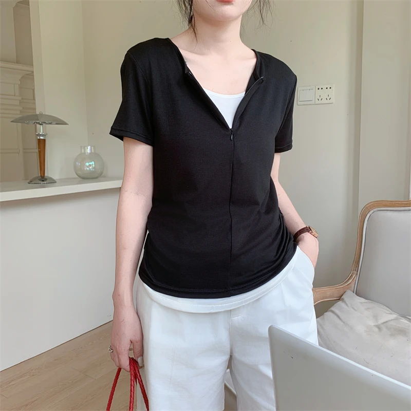 

New Style Fake Two-Piece Design Sense Wrinkle Fashion Versatile Elastic Half-Zip T-Shirt for Women