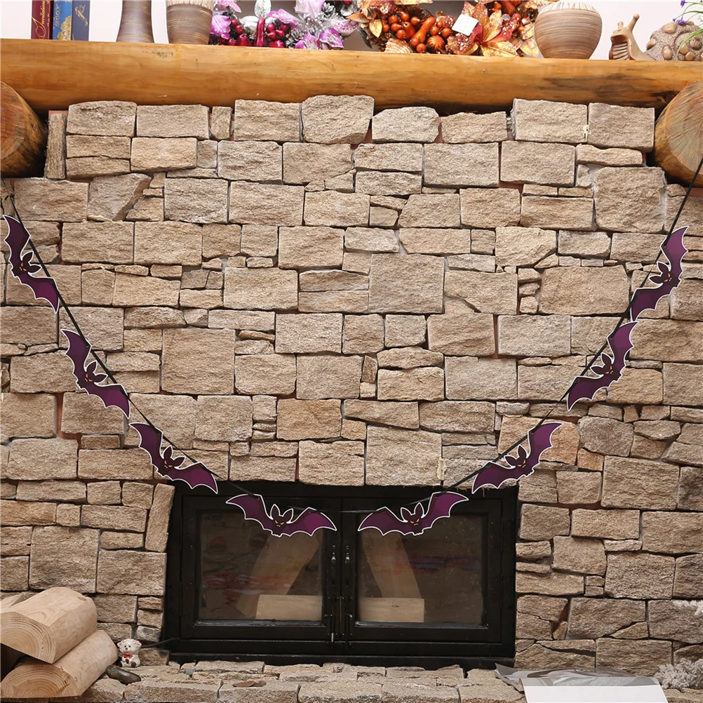 

Halloween Banner Purple Bat Hanging Bunting Horror Door Hanging Garland Pull Flag for Home School Office