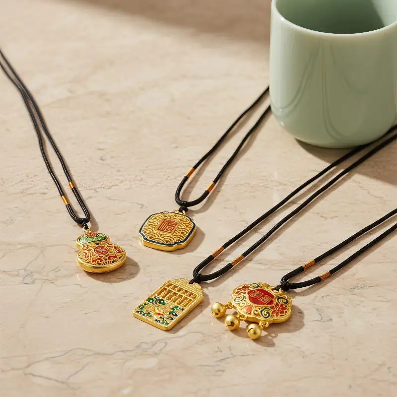 Premium Sand Gold Hollow Gourd Necklace Lucky Peace Longevity Charm Bag Pendant