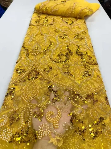 Gold African Beaded Net Mesh Lace Fabric 2026 High Qualit Embroidery Sequins French Tulle Lace for Nigerian Wedding Party Dress