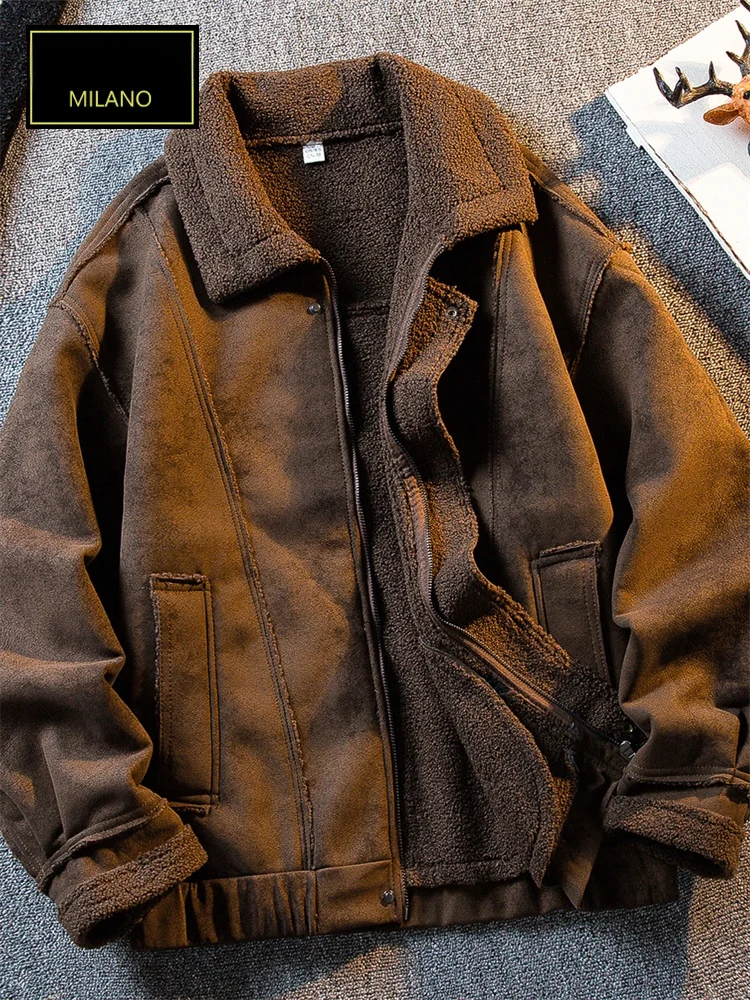 

PXARA Lamb Fur Jaet Men's Thiened Warm Biker Cotton Coat Autumn Winter New Sle Casual Loose Fit Zipper Closure Long Sve