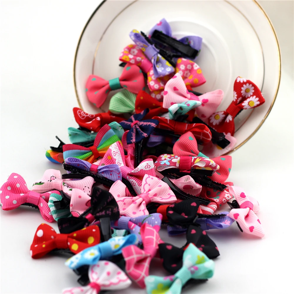 

20Pcs/Lot Small Mini Bow Hairgrips for baby Sweet Girls Solid Dot/ Stripe Printing Whole Wrapped Safety Hair Clips Kids Hairpins