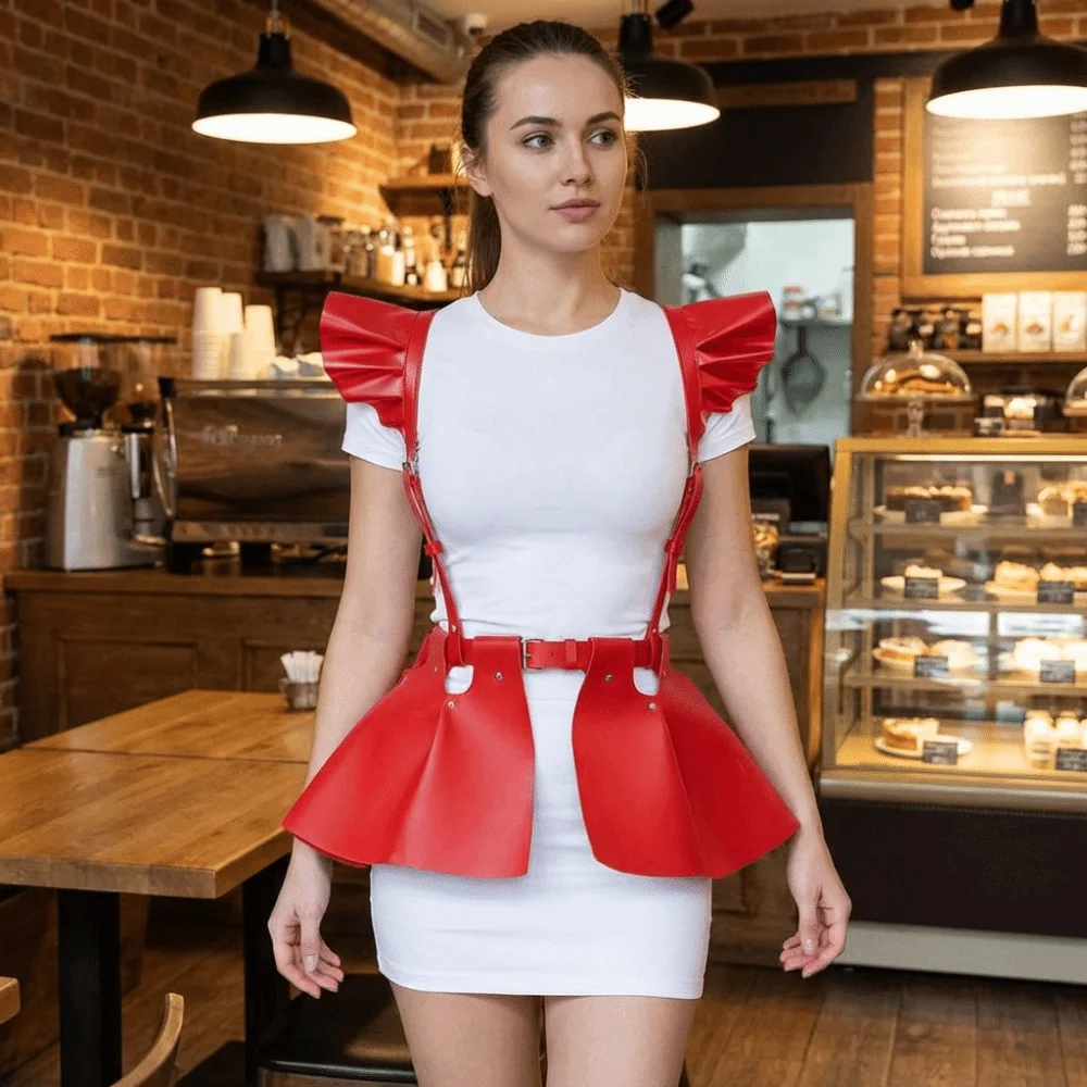 Sexy Cyberpunk Suspender Skirt a-line Retro Cosplay Bondage Costume Personality Ruffle Hem Gothic Belt Dress Stage Performance