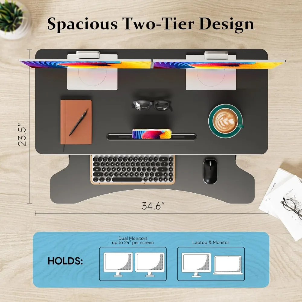 Height Adjustable Desktop Standing Desk with Keyboard Tray for Two Monitors, Sit to Stand up Desk Riser Computer Workstation