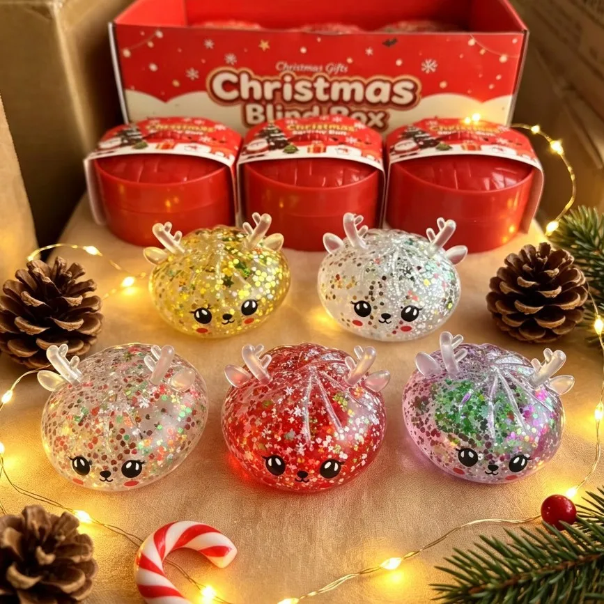 Glitter Reindeer Dumpling Toy Stress Relief Maltose Squeeze Toy Elk Squishy Toy Decompression Sparkle Christmas Gift Blind Box