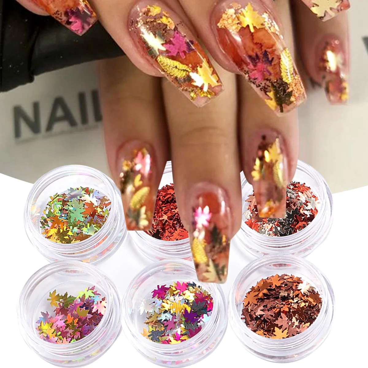 6 Box Golden Autumn Maple Leaf Nail Art Sequins & Glitter Holographic Fall Leaf Glitter Flakes Multicolor Manicure Decorations
