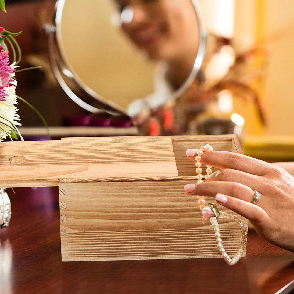 2Pcs Wooden Jewelry Box Sliding Lid Portable Storage Case Lightweight Sturdy Organizer Wooden Box with Sliding Lid