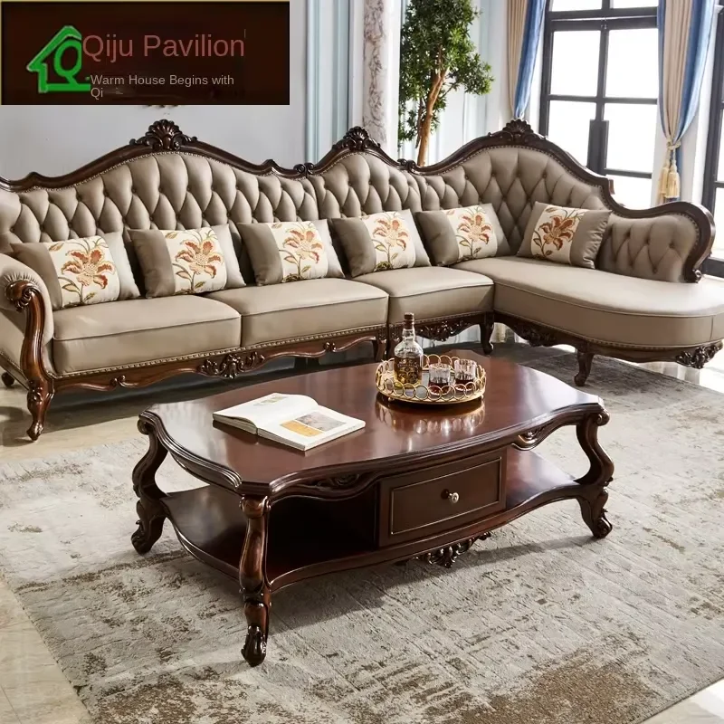 American Style Wood Frame L-shaped Corner Sofa Set with Sponge Filled Cushions Napa Leather Cover Khaki Living Room Furniture