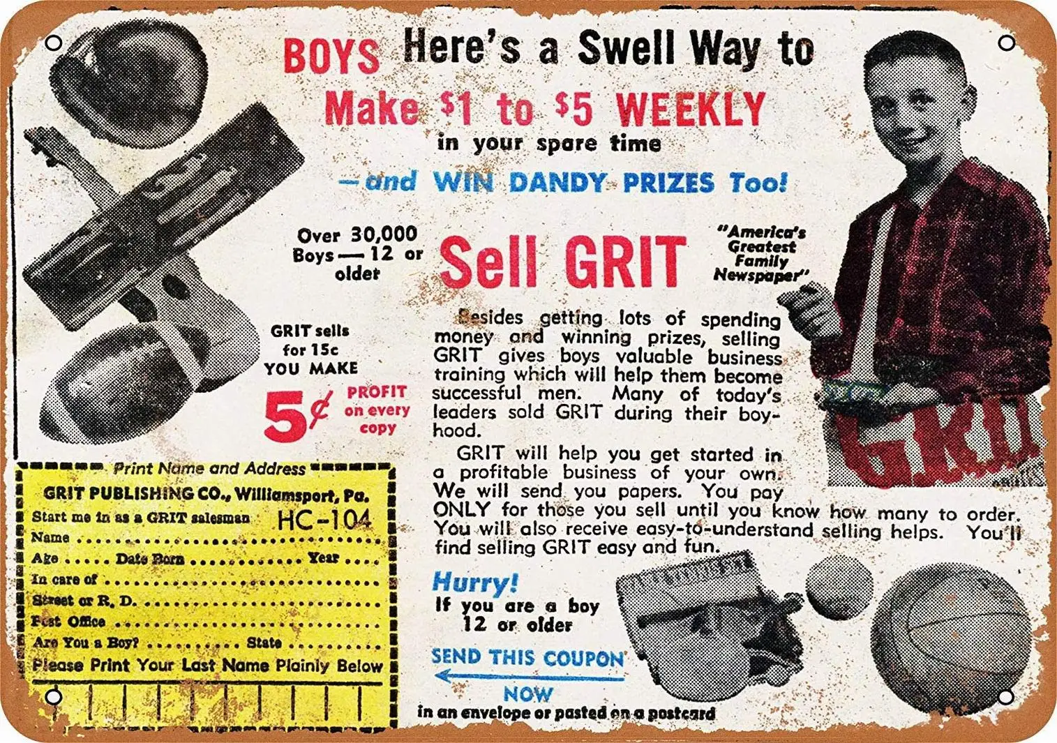 PaBoe 8 x 12 METAL SIGN - Sell Grit Newspapers Make Money - Vintage Bar Wall Decorative sign