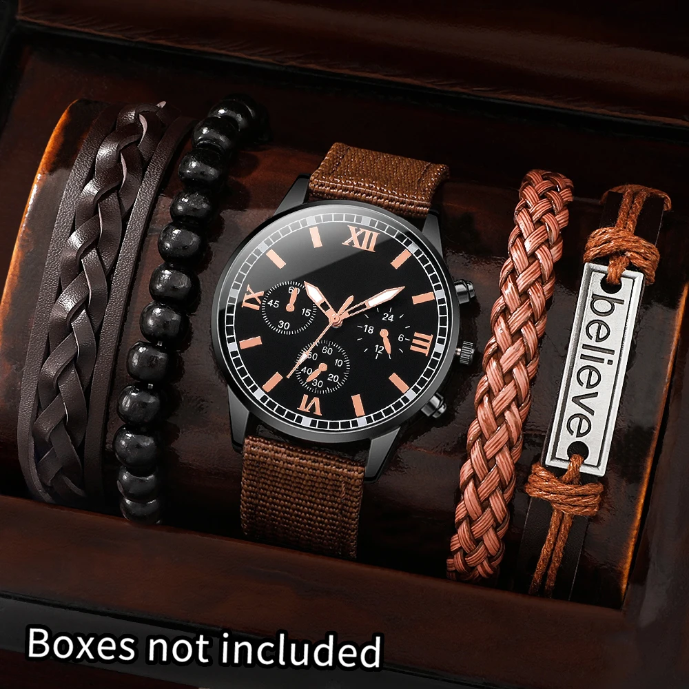 5pcs casual handsome men's watch nylon strap quartz watch strap bracelet set, suitable for daily wear and holiday gifts