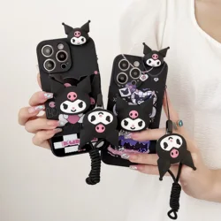 Cute Kuromi Case With Holder Rope For iPhone 6 6s 7 8 X Xs Max XR 11 12 13 14 15 Pro SE Max