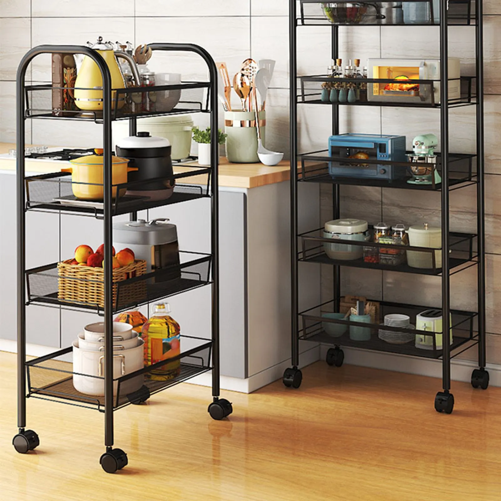 Rolling Storage Cart Layered Storage Shelves Multi Functional Movable Snack Vegetable Baskets Kitchen Shelves