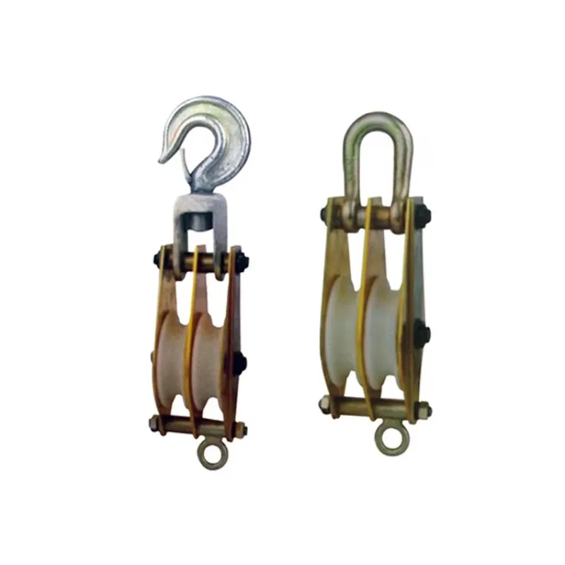 Two-wheel power pulley block with hook type wire rope grab hook pulley