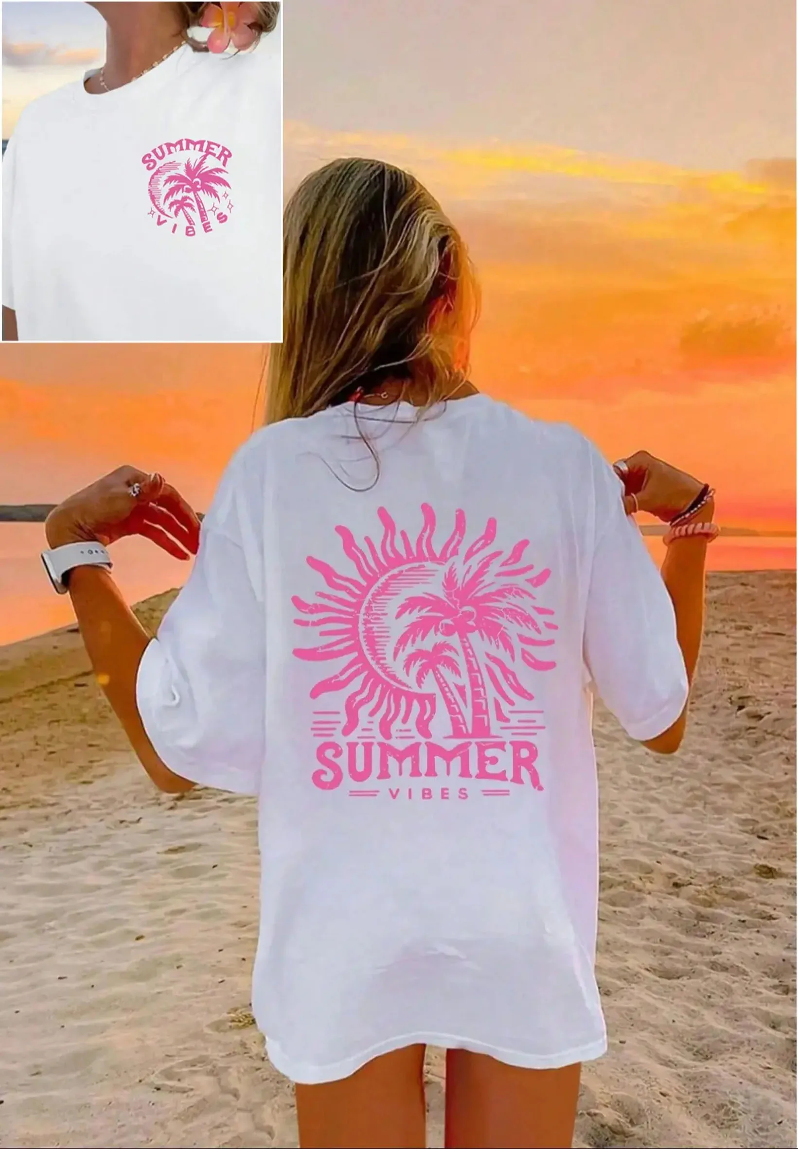 Bohemian Summer Atmosphere Sunshine Palm Tree Double Sided Printed Women's Round Neck Short Sleeved Vacation T-shirt