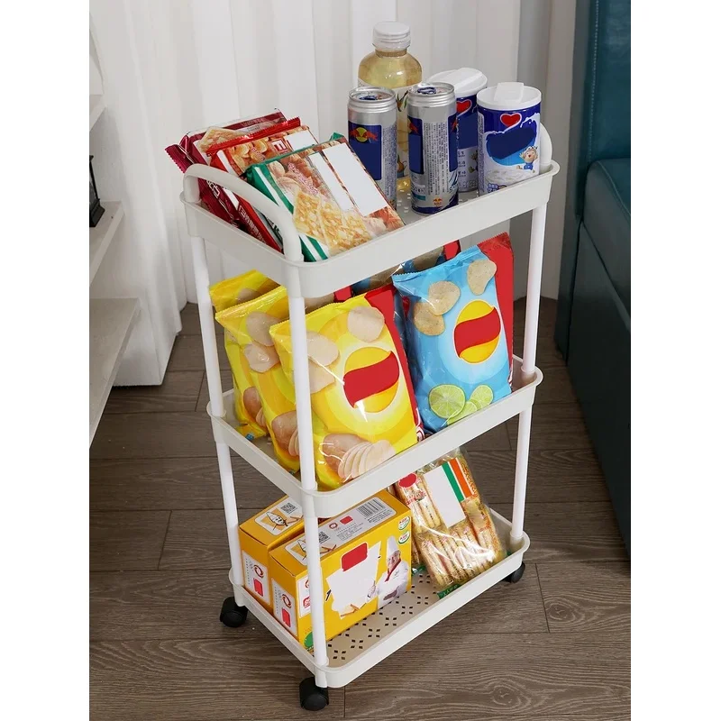 Plastic Rolling Storage Cart With Wheels and Handle Movable Utility Organizer Trolley for Kitchen Office Living Room