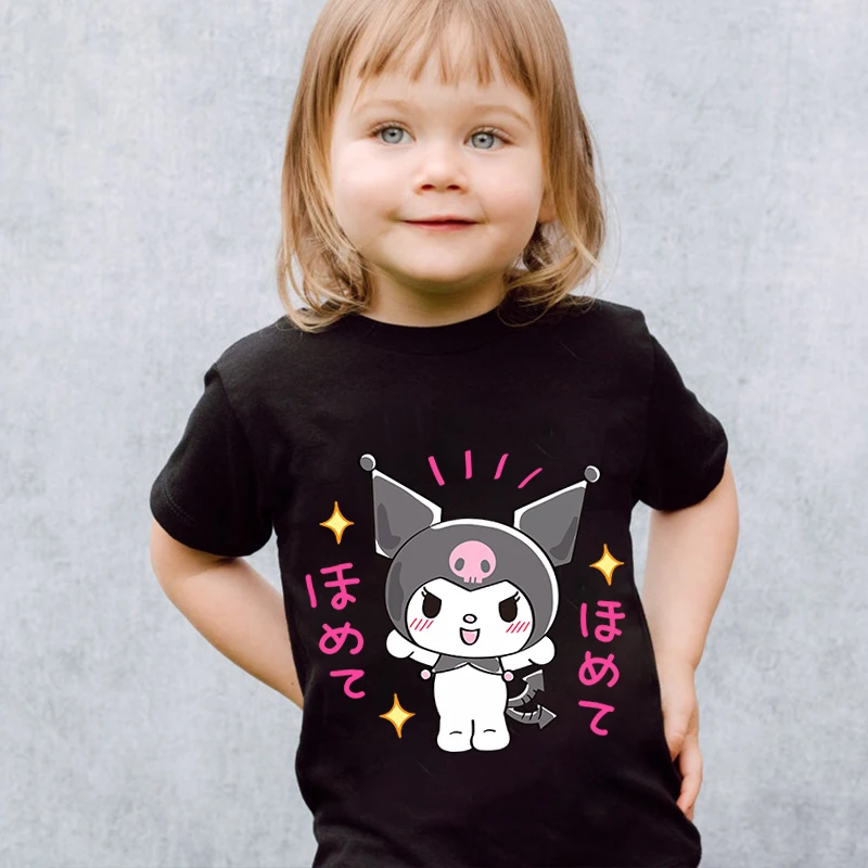 Sanrio Kuromi kids t-shirt puro cotone a maniche corte nero top cartoon abbigliamento per bambini per ragazze