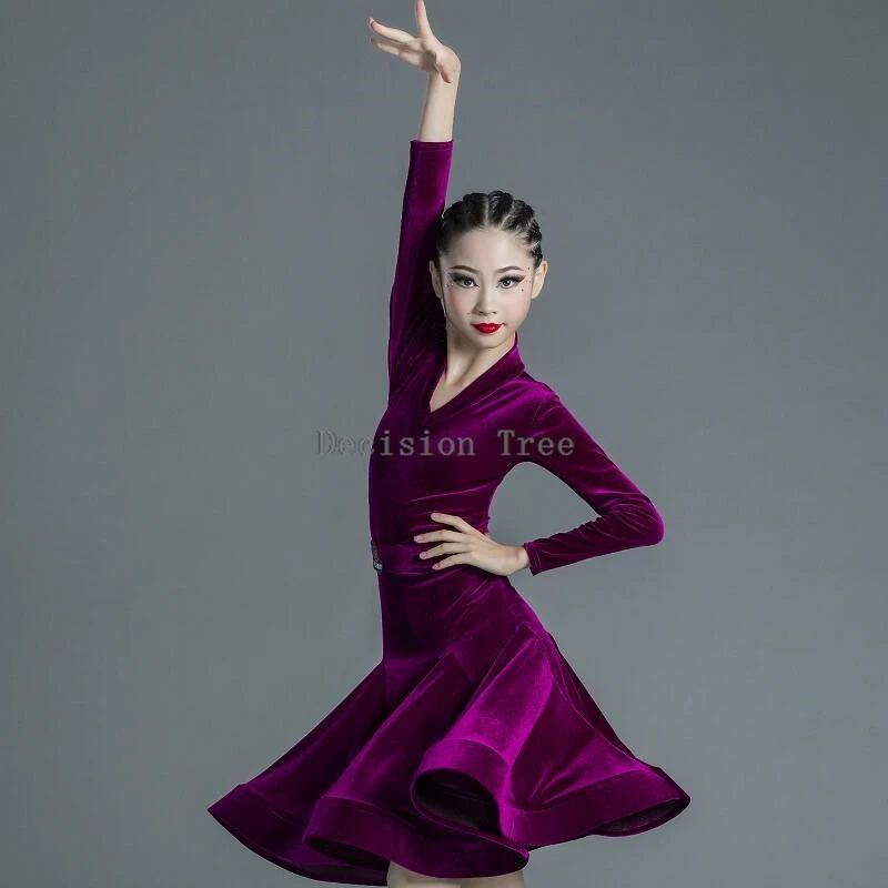 2025 new children's velvet latin dance dress girls dance practice clothing autumn and winter latin latin competition dance dress