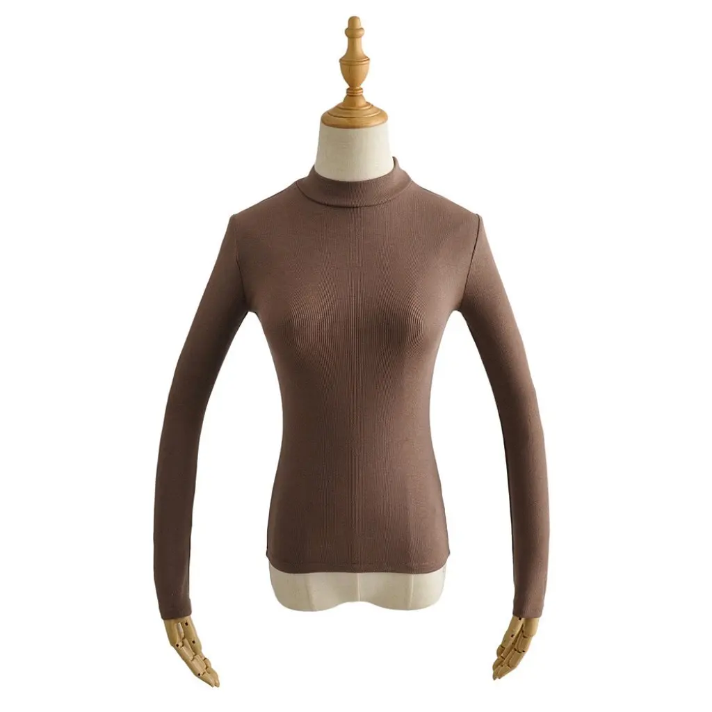 

YPFF Women's Solid Color High Collar T-Shirt Slim Fit Long Sleeve Fashion Base Shirt European American Style for Autumn Winter