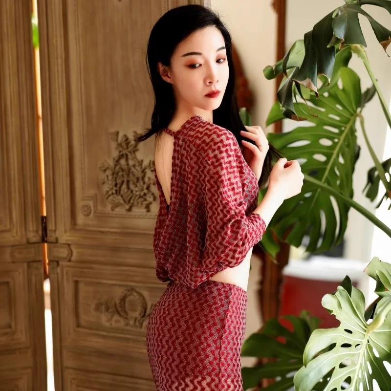 맞춤형 밸리 댄서 의상 오리엔탈 댄스 연습 복장 나비 슬리브 탑 엉덩이 포옹 스커트 섹시