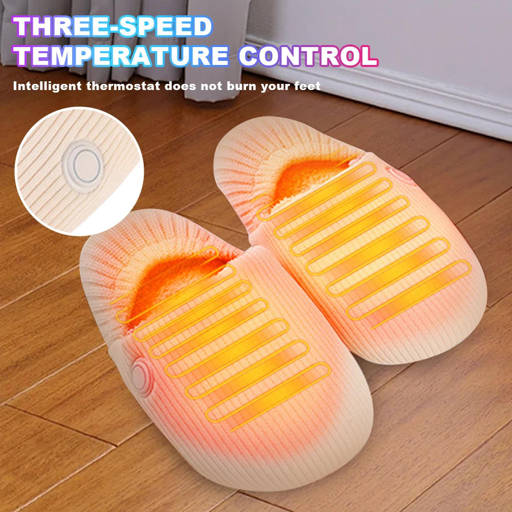 Electric Heating Slippers with 3 Heating Levels USB Heated Slippers House Shoes Rechargeable Warm Plush Slippers for Winter