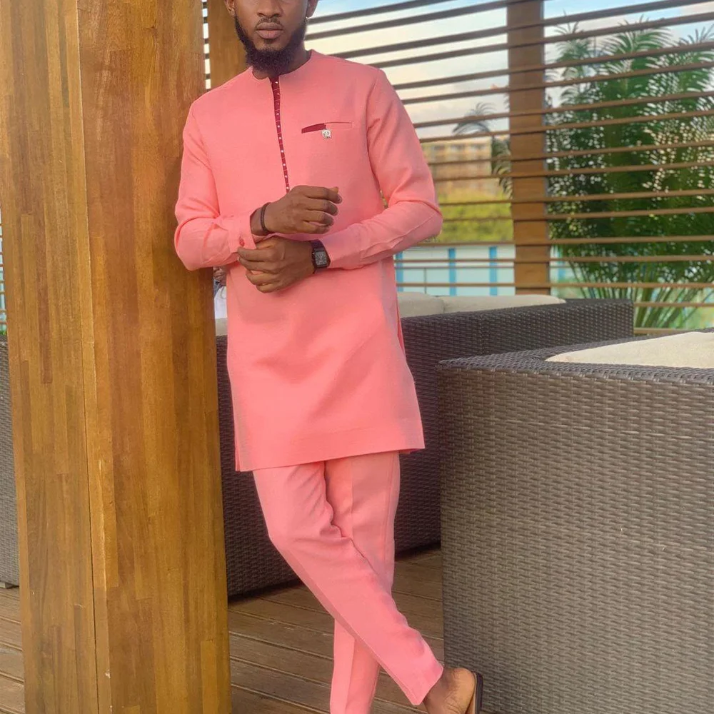 2024 Kaftan Elegant African Style Men\'s Suit Pink Long Sleeve Simple Shirt and Casual Pants 2 Piece Set Wedding Men\'s Costumes