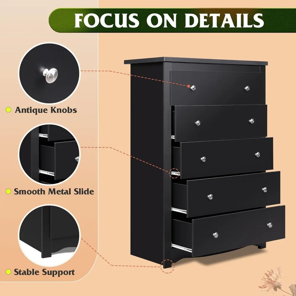 cassettiera in legno con 5 cassetti, mobile portaoggetti in legno nero, cassetti organizer per camera da letto, soggiorno, corridoio, misurazione 15,75