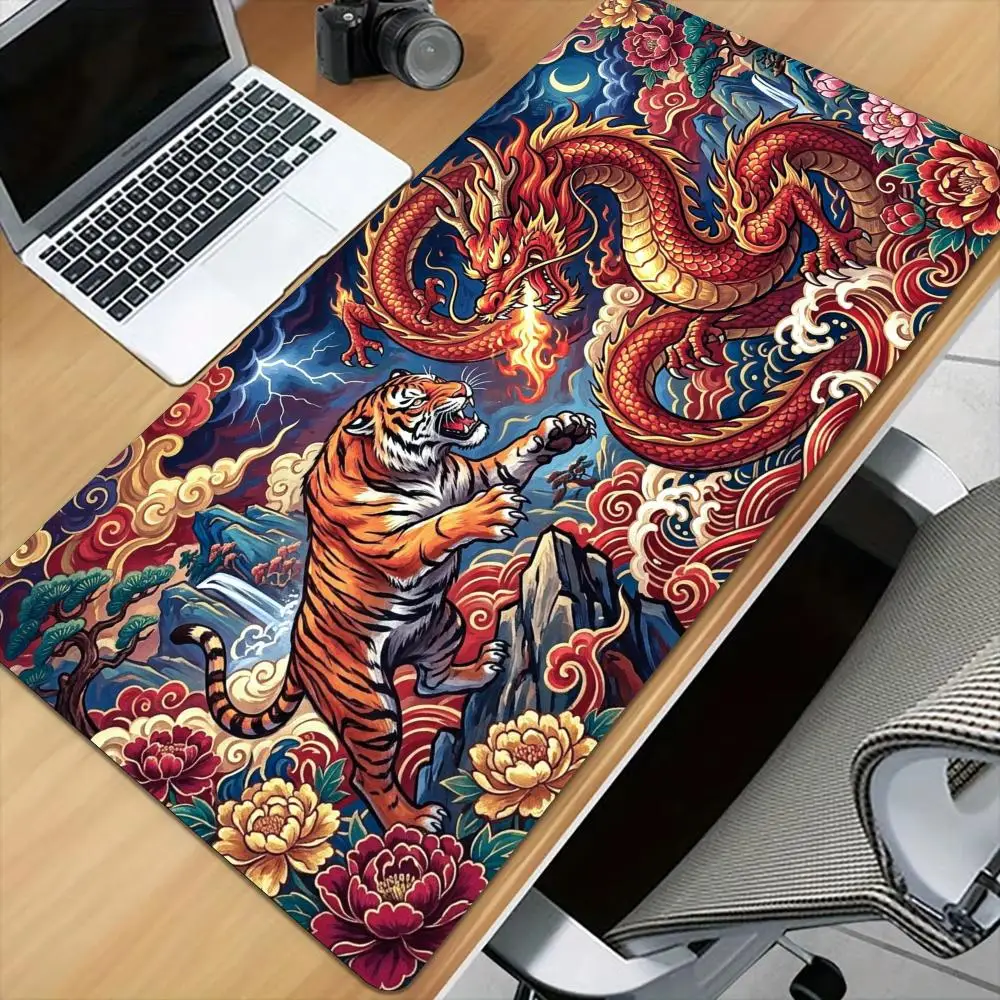 Fierce tiger and giant dragon Mouse Pad Desk Mat with Stitched Edge xxl mousepads Rubber Anti-slip gamer Keyboard Rug gaming mat