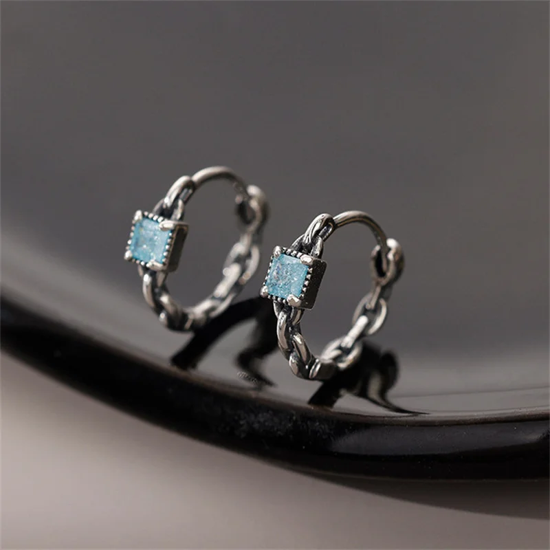 Gorgeous Blue Zircon Hoop Earring Vintage Silver Color Wedding Earring Classic Round Small Circle Earrings For Women Jewelry