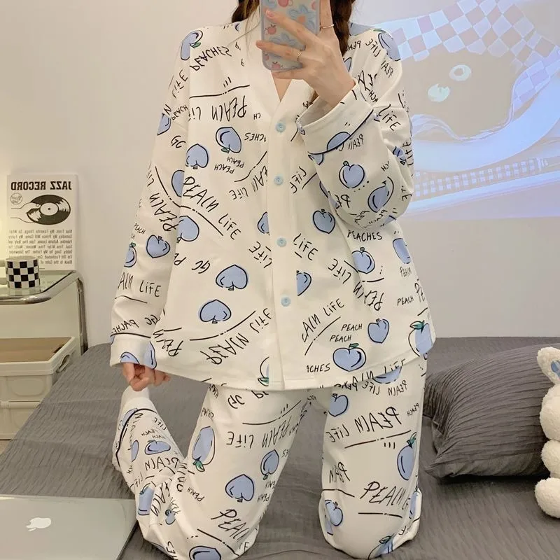 Women's Spring Autumn Pajamas Set Famale Long Sleeves Leisure Loose Pyjamas Outfit 2024 New Cute Girls Home Clothes Sleepwear