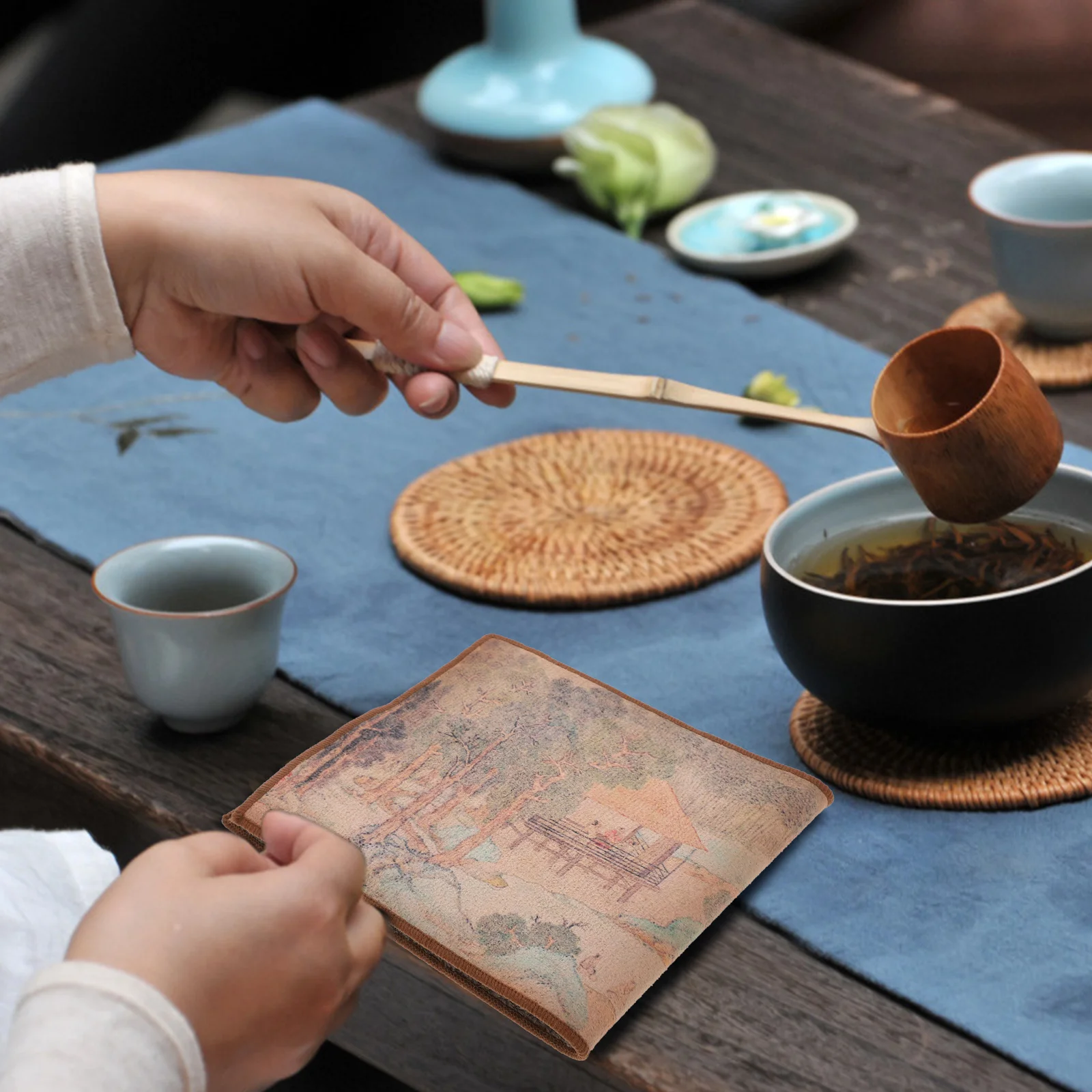 

1pc Premium Cotton Towel Hand Embroidered Tea Cloth Reusable Water Absorbent For Home Office Tea House Use