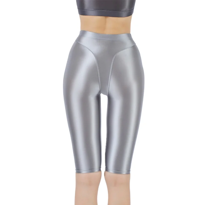 Lencería para mujer, pantalones de cintura alta sin costuras, mallas exóticas brillantes para hombre, medio pantalón ajustado Sissy, pantalones cortos de Yoga Bondage