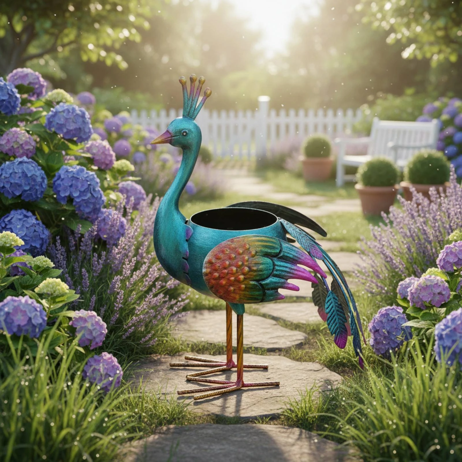 Metal Peacock Statue 3D Textured Peacock Statue Rustic Look Flower Holder for Balcony, Patio