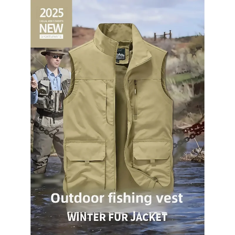 

New Men's Vest Spring Autumn Multi-Pocket Shoulder Patch Outdoor Fishing Photography Workwear Group Buy Jacket Vest Loose Fit