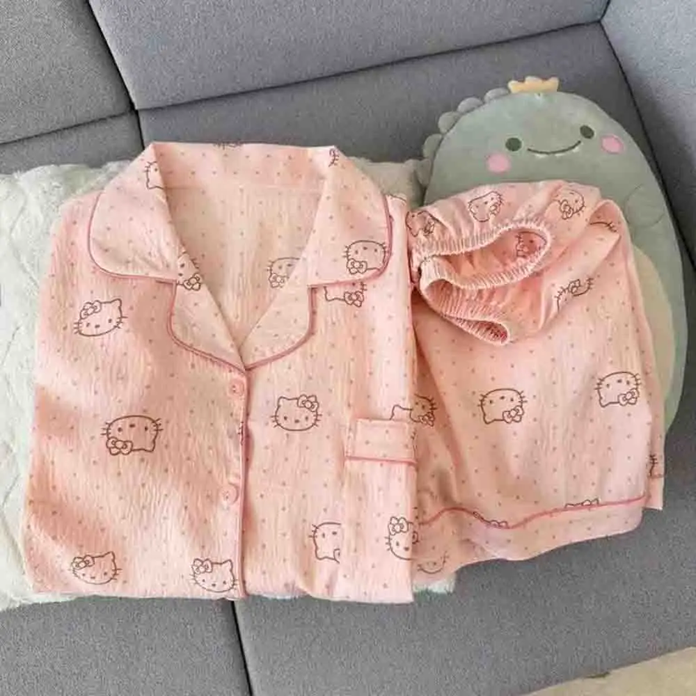 

Sanrios Polka Dot Pajamas Hello Kittys Summer Short Sleeved Shorts Home Clothes Loose Versatile Thin Casual Simple Trendy Print