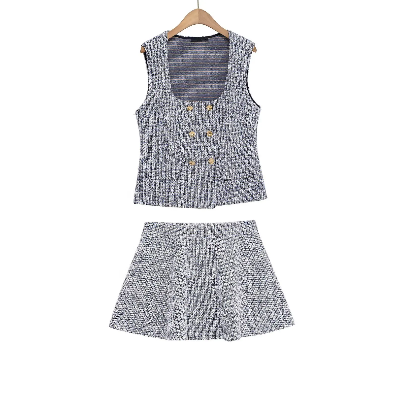 

Withered Clothing Faldas Skirts Square Neck Double Breasted Vest+high Waisted Gray Skirt For Women