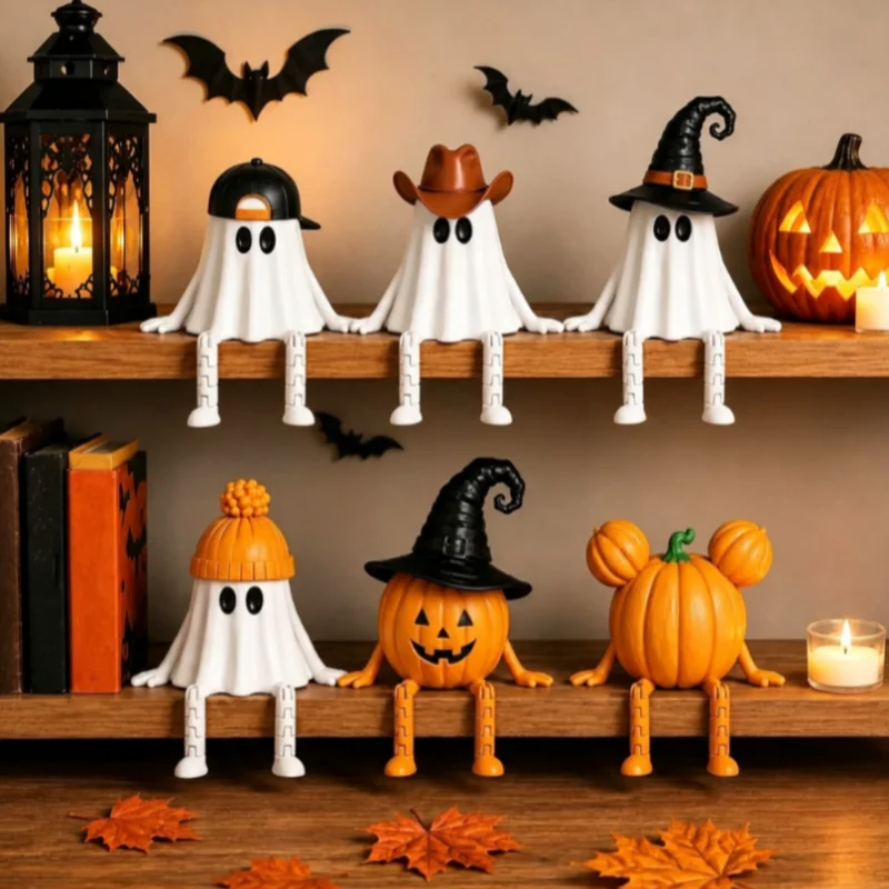 3D Printed Ghost Pumpkin Figurine with Witch Hat Halloween Spooky Shelf Sitter & Desk Ornament for Fall Festival Home Decor Gift