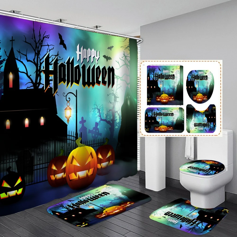 4 Pcs Shower Curtain Sets, Halloween Spooky Horror Waterproof Bathroom Sets with Non-Slip Rugs, Toilet Lid Cover and Bath Mat