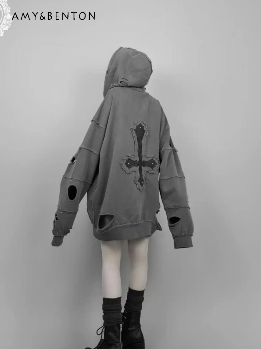 Goth Punk Style Oversized Hoodie Sweet Cool Y2K Sweatshirt Japanese Mine Cross Embroidery Retro Subculture Ripped Hoodies Women