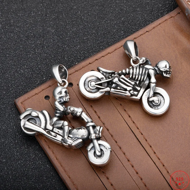 S925 Sterling Silver Charms Pendants for Women Men New Fashion Emboss Skull-motorcycle Punk Hip-hop Jewelry Wholesale