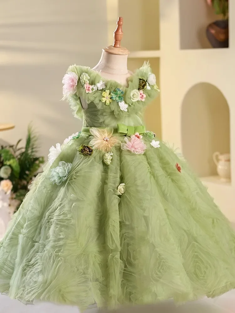 

Flower Girls Dress Wedding Bridesmaid Ruffle Tutu Long Dresses Little Girls Very Luxury Elegant Evening Party Pageant Gown