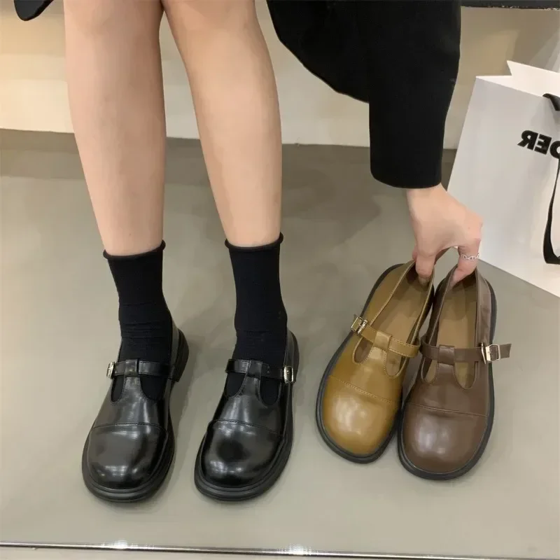 Zapatos Para Mujeres British Small Leather Shoe for Women Vintage Round Toe Low Heel Women Shoe Casual Loafer School Single Shoe