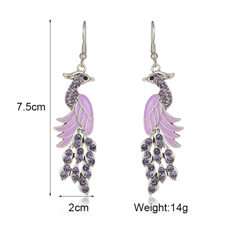 Blue Drop Oil Rhinestone Peacock Earrings for Women Ethnic Vintage Long Silver Color Geometric Animal Earrings Boho Jewelry Gift