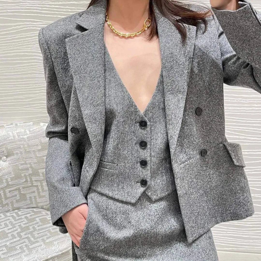 2024 New Fashion Runway Design 70% Wool Blends Gray Color Slim Fit Chic Blazer Women Jacket Notched Double Breasted Elegant Suit