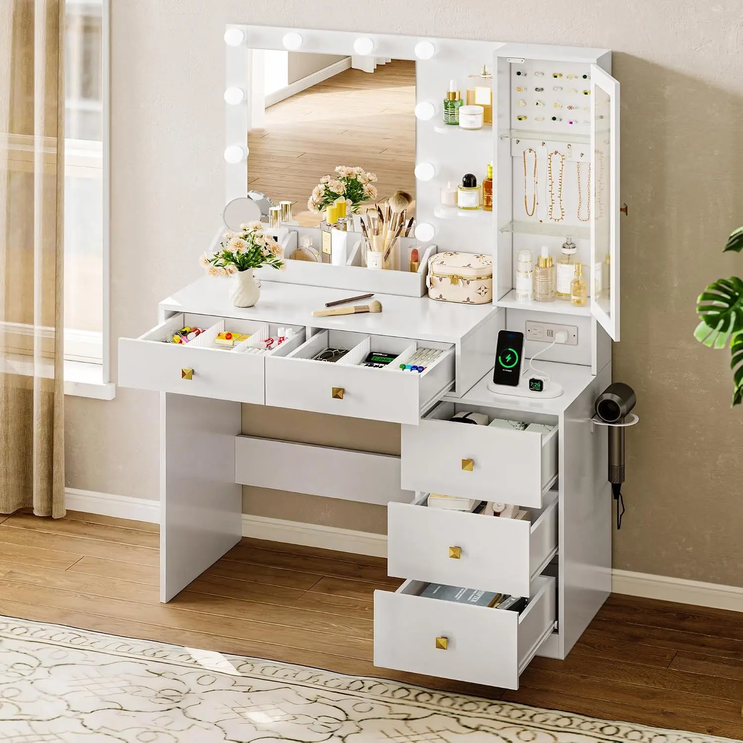 Vanity Desk with Mirror and Lights, White Makeup Vanity Mirror with Lights Desk with 5 Drawers, Jewelry Organizer, Customized